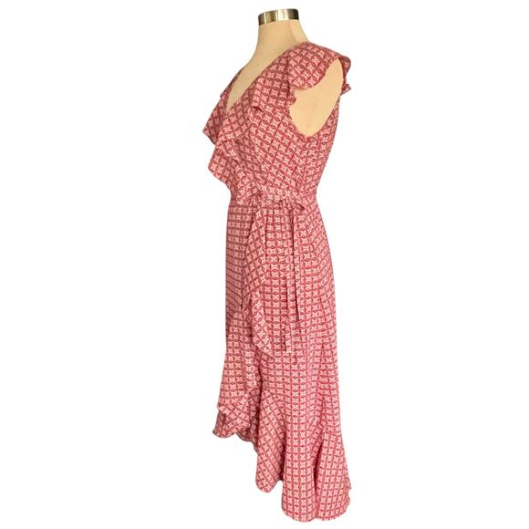 Max Studio Midi Wrap Dress Womens LARGE Ruffled Asymmetric Hem Feminine Romantic - Picture 7 of 11
